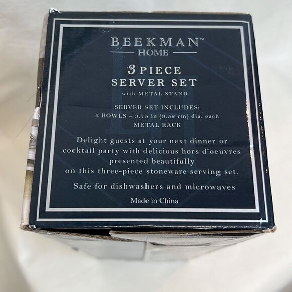 Beekman Home 3 Piece Serving Set Metal Holder 3 White Stone Ware Square Bowls - Picture 4 of 4